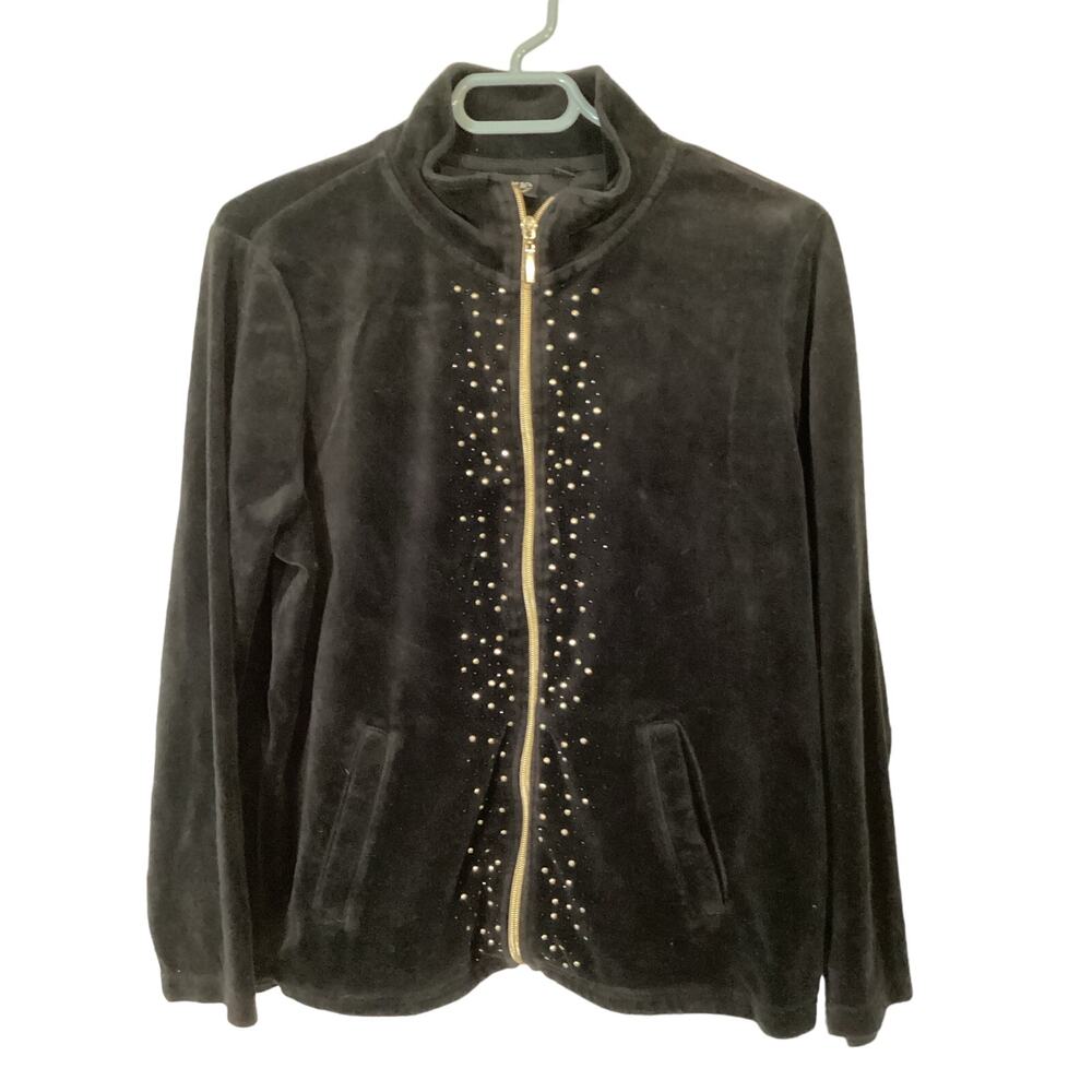 Onque Casual Jacket Women's Size PXL Soft Black With Sequins Zipper and Pockets